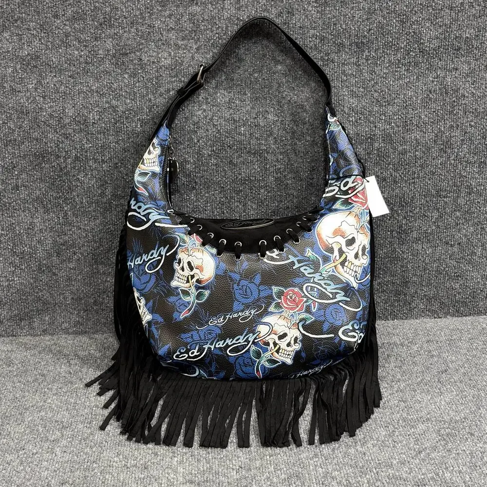 Ed Hardy Hobo Bag Womens Large Blue Black Skull Fringe Tattoo Shoulder Rock Y2K